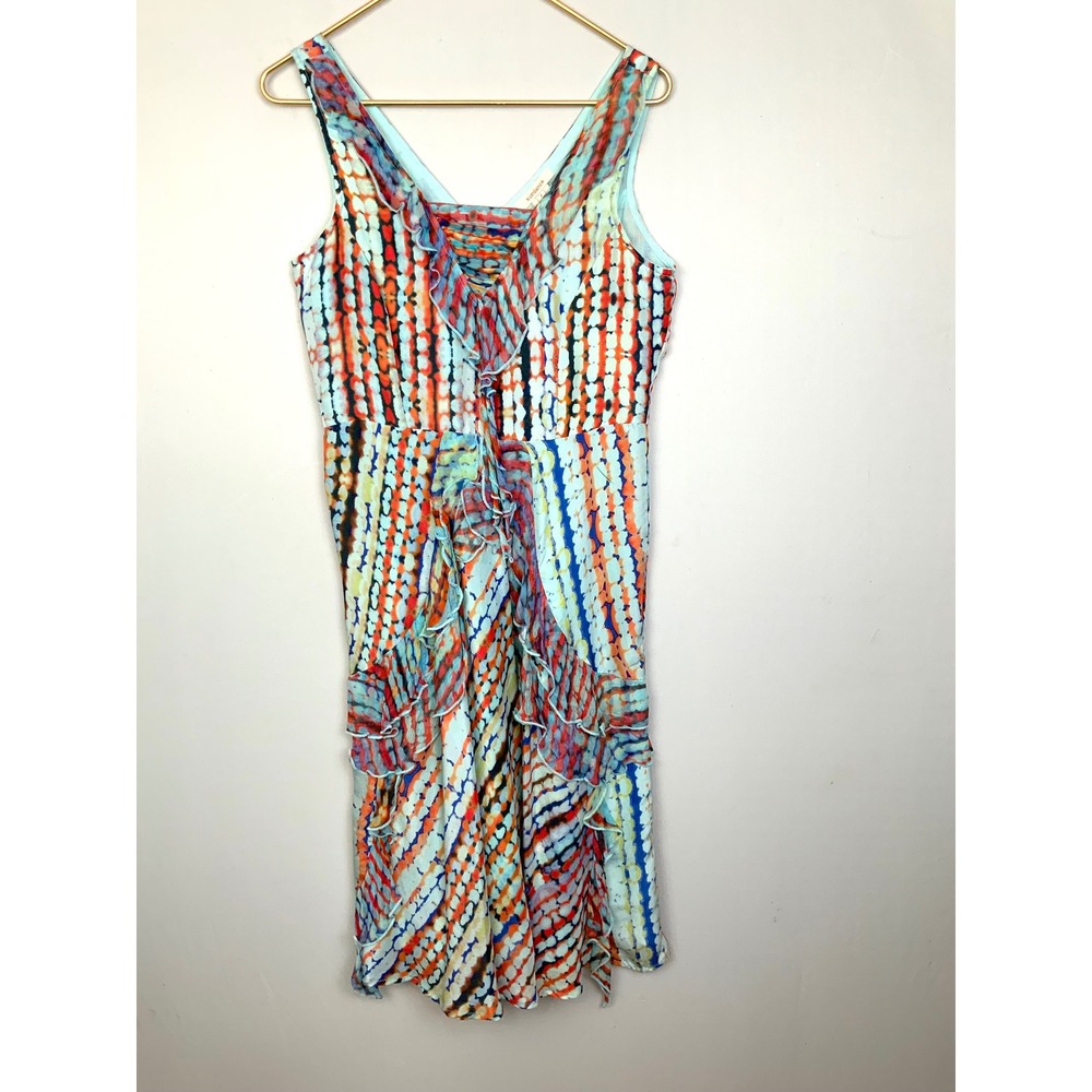 Sundance Sz 2 100% Silk Multicolor Abstract Stripe Ruffle Sleeveless Midi Dress